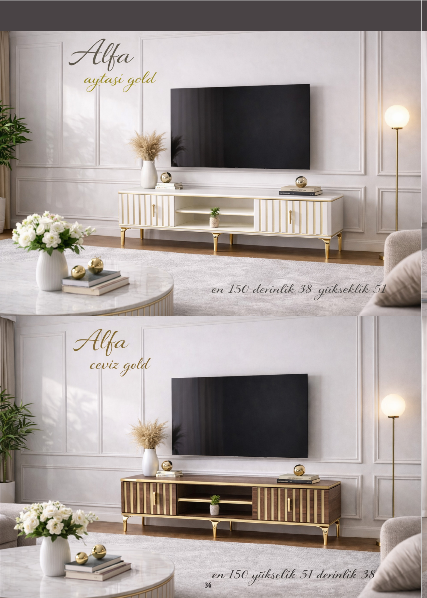 Altın rengi detaylı açık renk ve ahşap görünümlü TV üniteleri